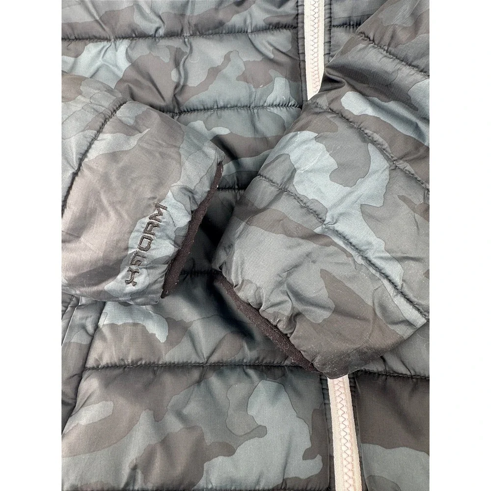 Under Armour Puffer Jacket Kids Large Blue Camo Storm Hooded Coat Reversable